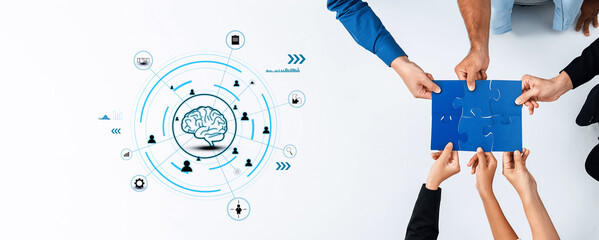 Engaging visual showing hands coming together with puzzle pieces amidst a brain graphic, symbolizing teamwork and collaborative problem-solving in modern business settings. Trope