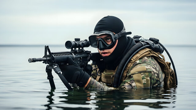 Special Forces Soldier Aiming Rifle in Water | Military Diver with Tactical Gear and Weapon | Navy SEAL Training Combat Swimmer | Elite Unit Water Infiltration Mission