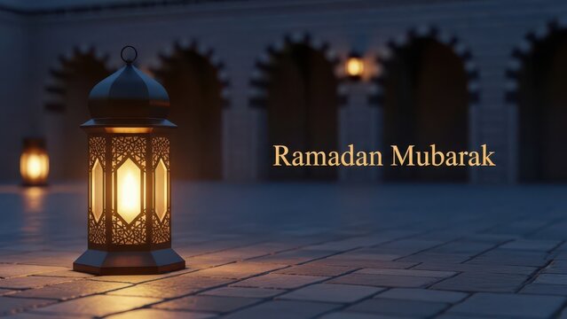 a lantern on a tile floor with ramadan mubarak text