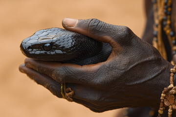 Person holding black snake.