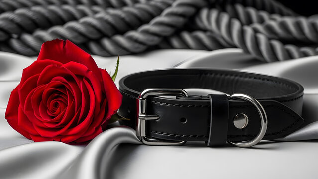 Black leather collar and red rose on silver satin | Sensual BDSM love concept with dark romance aesthetic | Luxury bondage lifestyle accessories close-up | Intimate scene featuring dominant submissive
