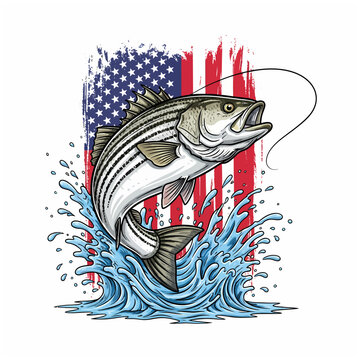 Striped bass fish jumping with american flag background and water splash illustration for apparel