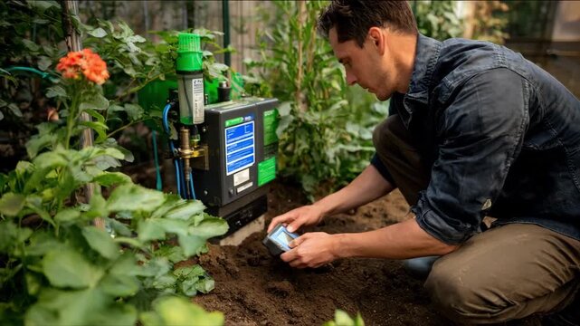 Medium shot of a technician calibrating an organic nutrient dispenser focusing on innovative retrofitting for reduced chemical use and enhanced soil health