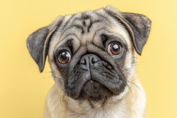 Pug Puppy with Expressive Eyes Against a Yellow Background