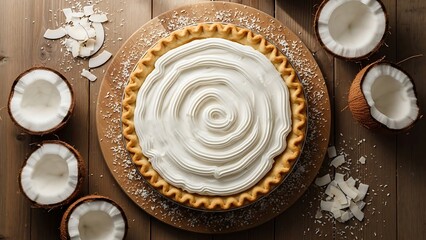 Overhead shot of a freshly baked dessert with whipped cream and coconut halves