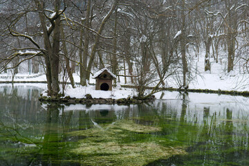 Obraz premium Small wooden shelter surrounded by trees and snow beside a calm winter pond, with reflections in clear water and a peaceful forest setting