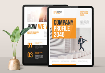 Digital Company Profile Layout with Orange Accents