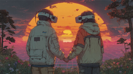 A synthwave aesthetic illustration of two people in VR headsets holding hands.