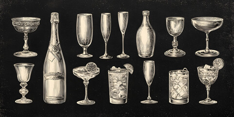 Vintage champagne glasses and bottle arranged on a marble table for a celebration party lifestyle flat lay