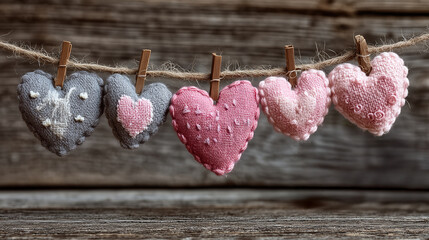 Handmade fabric hearts hanging on rope with clothespins on wooden background