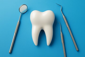 White tooth and dental tools on blue background celebrating International Dentist Day
