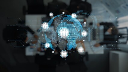 A digital illustration depicting global connectivity with icons representing people and networks around the world in a modern, innovative environment. Raster