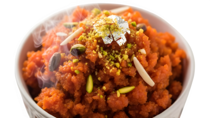 Carrot pudding  close-up – steam effect isolated on PNG background.