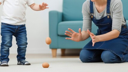 toddler dropping chicken egg on floor with mother reacting for parenting blogs, family safety sites, early childhood education, insurance presentations and domestic life articles