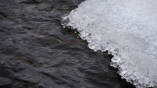 Translucent Crystalline Ice Formations Along a Dark Stream - 180 FPS slow motion High-Angle Detail of Rippling River Water Flowing Past a Frozen Ice Shelf