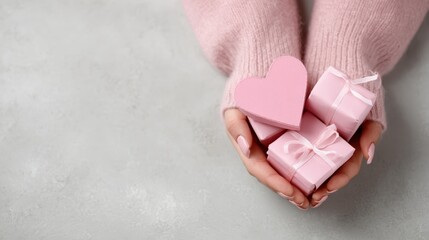 Valentine is Day flat lay: woman is hands holding pink heart gift, surrounded by gift boxes on concrete board, romantic theme