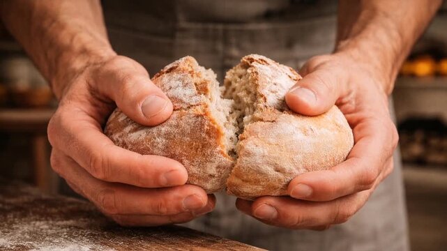 Hands break open a rustic loaf of bread