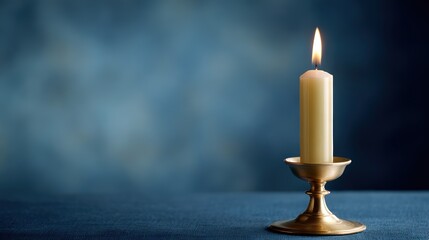 Golden candle holder with lit candle, soft ambient light, artistic still life, blurred blue backdrop