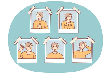 Photographs man making various emotional grimaces are taped to pages photo album