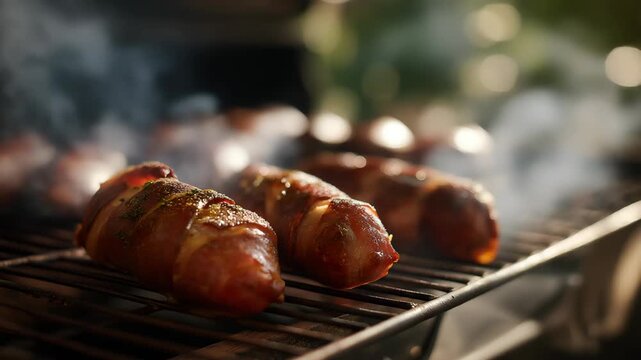 Plump sausages and beef picanha smoke on the upper rack of a barbecue grill