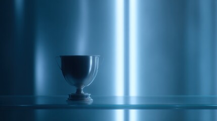 Single trophy illuminated by ambient blue light, displayed in a modern digital gallery, symbolizing excellence and futuristic achievement