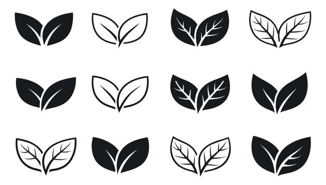 Minimalist leaf icon set featuring two stylized leaves in outline and solid fill designs for eco-friendly branding and nature concepts