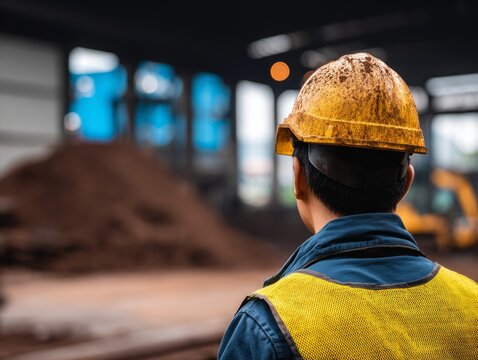 Industrial worker checking inventory using smartphone near coal piles - Powered by Adobe