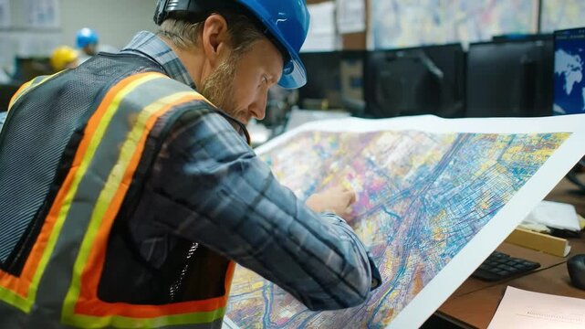 Medium shot of an urban planner reviewing commercial zone noise contour mapping to optimize airport sound management strategies.