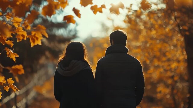 Couple embracing under sunset in fall park