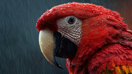 Red parrot with water droplets in the rain