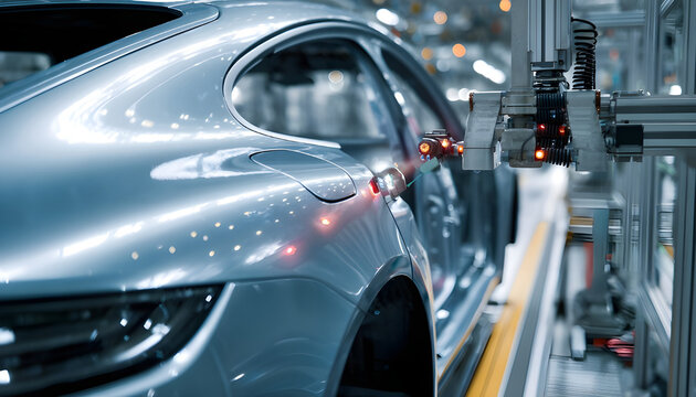 In automotive production AIpowered inspection captures a closeup of sensors evaluating car paint finish ensuring flawless exterior surface quality