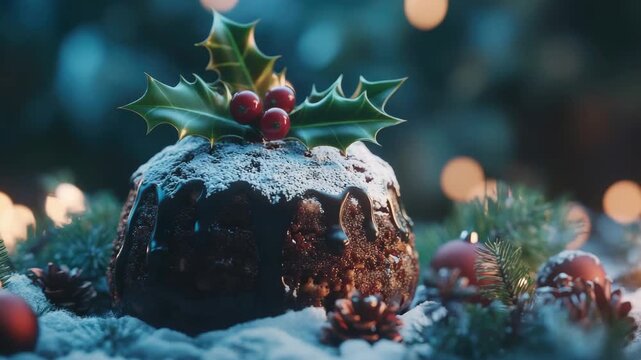Traditional Christmas dessert on a festive holiday setting with mistletoe and red berries
