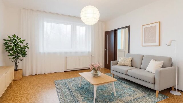 Empty room transforming into modern furnished living room