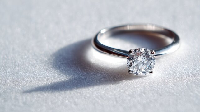 Minimalist jewelry display: solitaire diamond ring on plain surface, focus on brilliance and design