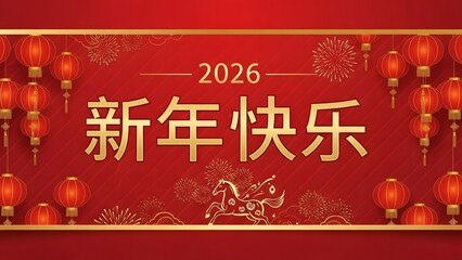 Naklejka premium 2026 chinese new year greeting with lanterns and calligraphy