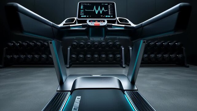 Futuristic treadmill running with rising steam in a dark neon gym with weights, portraying intense cardio workout concepts in a cinematic 3D animation.