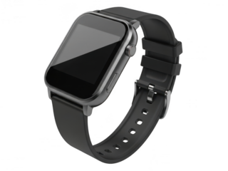 Modern smartwatch with black band isolated on transparent background