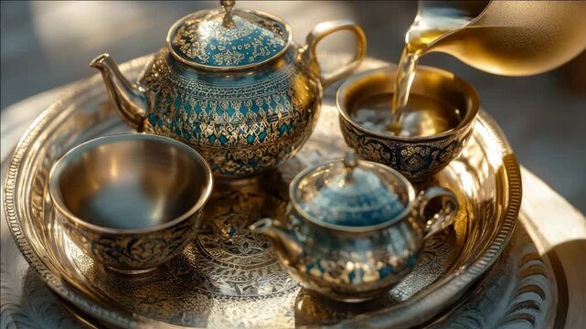 An intricate, antique tea set with gold trim and blue and white patterns, complete with matching cups and a tea pot, displayed on an ornate silver serving tray.