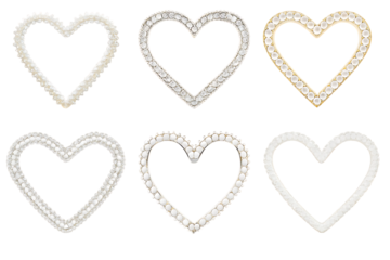 Six Heart Shapes Made of Pearls and Diamonds on white background isolated on a transparent background
