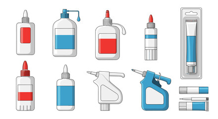 Extensive collection of industrial and household adhesive products including glue bottles, tubes, and application guns for various repair needs.