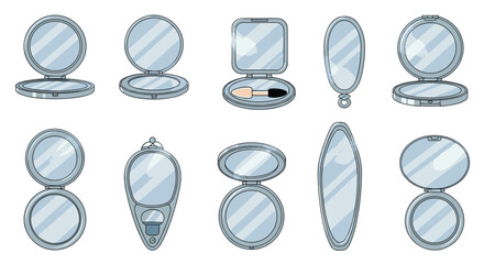 Selection of various silver makeup compact mirrors in round, oval, and square shapes with some showing integrated applicators for beauty needs.