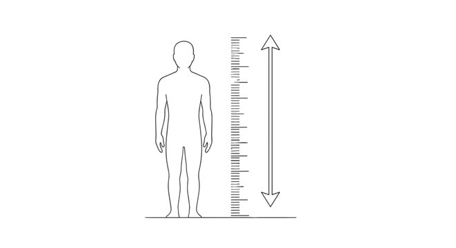 Minimalist line art illustration of a human silhouette standing next to a vertical measurement scale for height assessment and growth tracking.