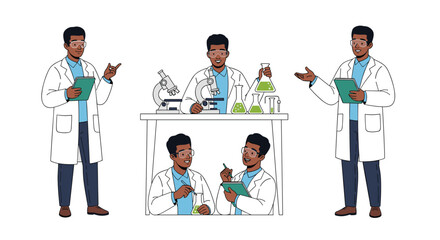 Scientist character in a white lab coat conducting research with microscopes and chemical flasks in a professional laboratory.