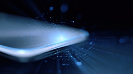 Generative AI scene: smartphone showing AI assistant hologram, luminous digital elements, advanced technology background