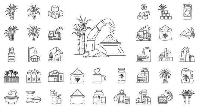 Large set of outline icons illustrating the entire sugarcane production process from harvesting to factory processing and refining.