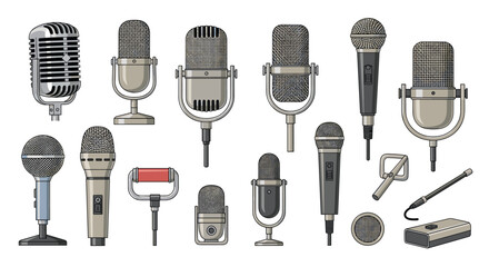 Extensive collection of diverse microphone types including vintage, condenser, and dynamic models for audio recording.