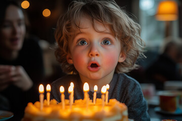 Little boy blowing out birthday candles, surrounded by family and friends, joy evident on his face.