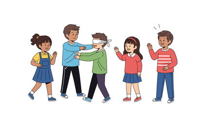 Fototapeta premium Group of cheerful children playing a traditional game of blind mans bluff together in an open outdoor playground.