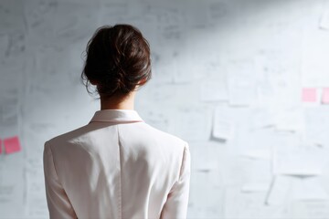 businesswoman standing near whiteboard with strategy notes, planning concept, realistic stock photography