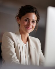 businesswoman smiling while working at computer, positive work mood, realistic stock photo